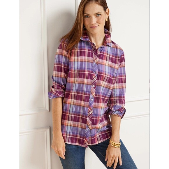 Talbots Fabulous Plaid Cotton Button Front Shirt Women's XL Metallic Threading - Picture 1 of 9